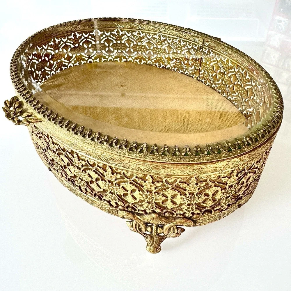 VTG Hollywood Regency Jewelry Box Ormolu Casket Gold Filigree Glass Oval Velvet